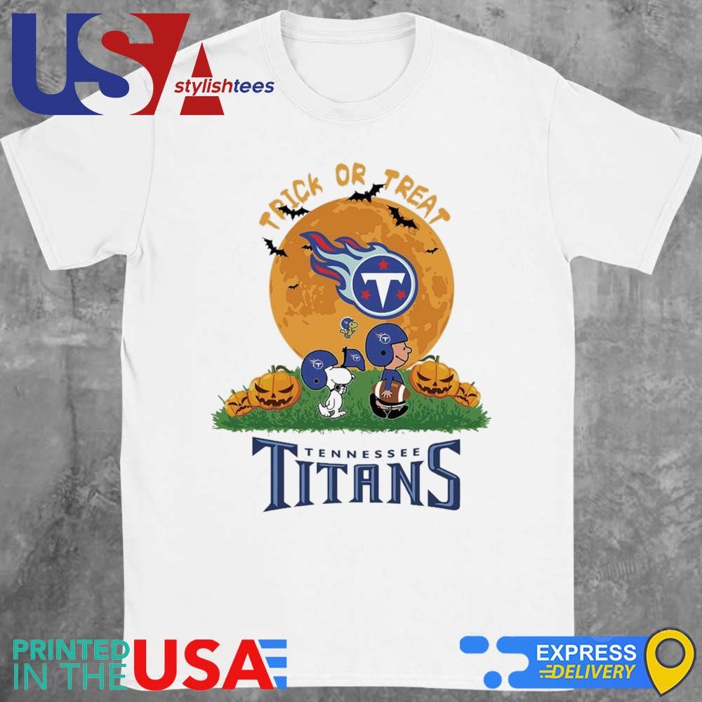 Charlie Brown Snoopy And Woodstock Trick Or Treat Halloween Tennessee Titans NFL Shirt