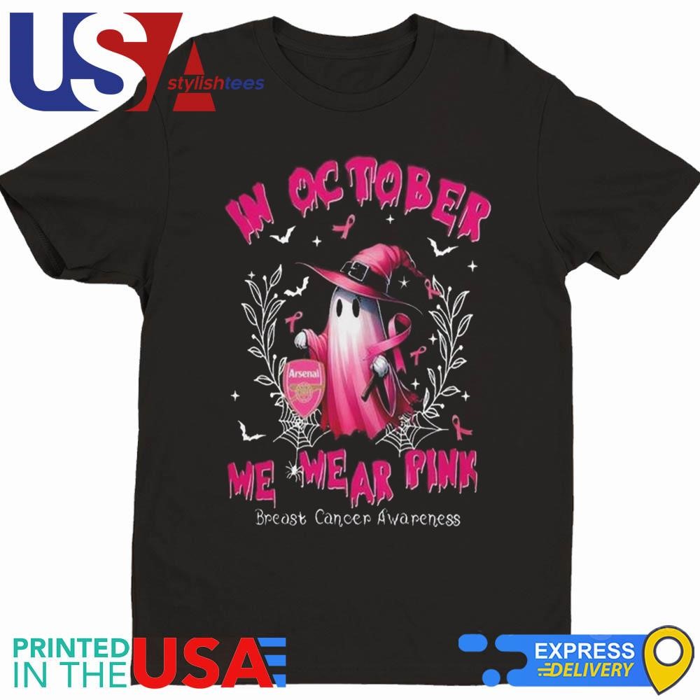 EPL Arsenal In October We Wear Pink Ghost Witch Breast Cancer Awareness Shirt