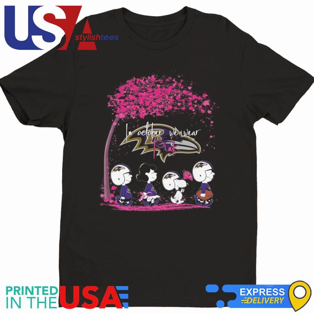 Peanuts Characters Baltimore Ravens In October We Wear Pink 2024 Shirt