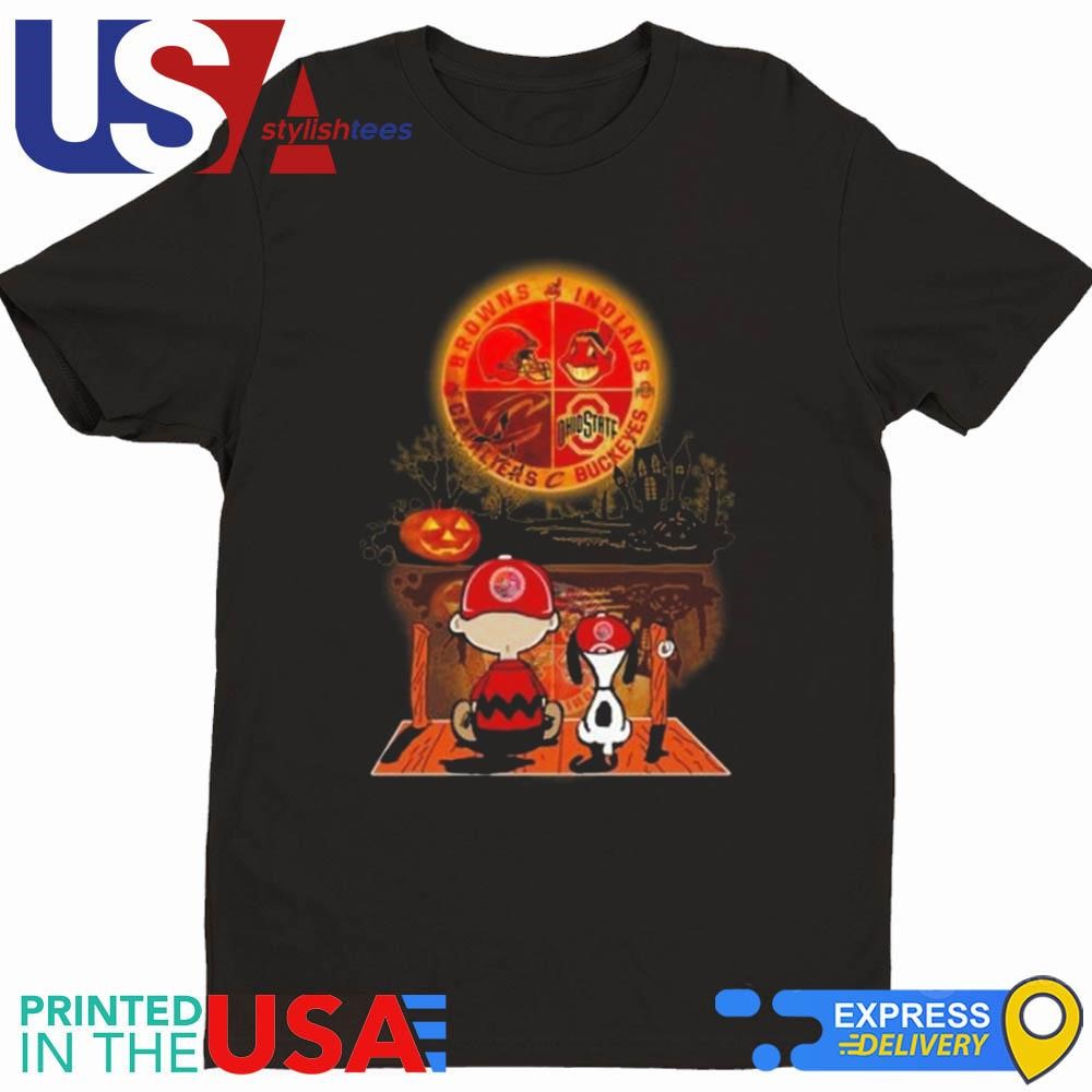 Peanuts Charlie Brown And Snoopy Watching Cleveland Browns Indians Cavaliers And Buckeyes Halloween Shirt