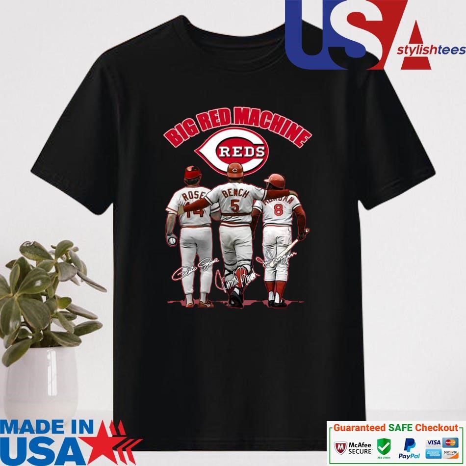 Official Cincinnati Reds Big Red Machine Peter Rose Johnny Bench Joe Morgan Signatures T-shirt