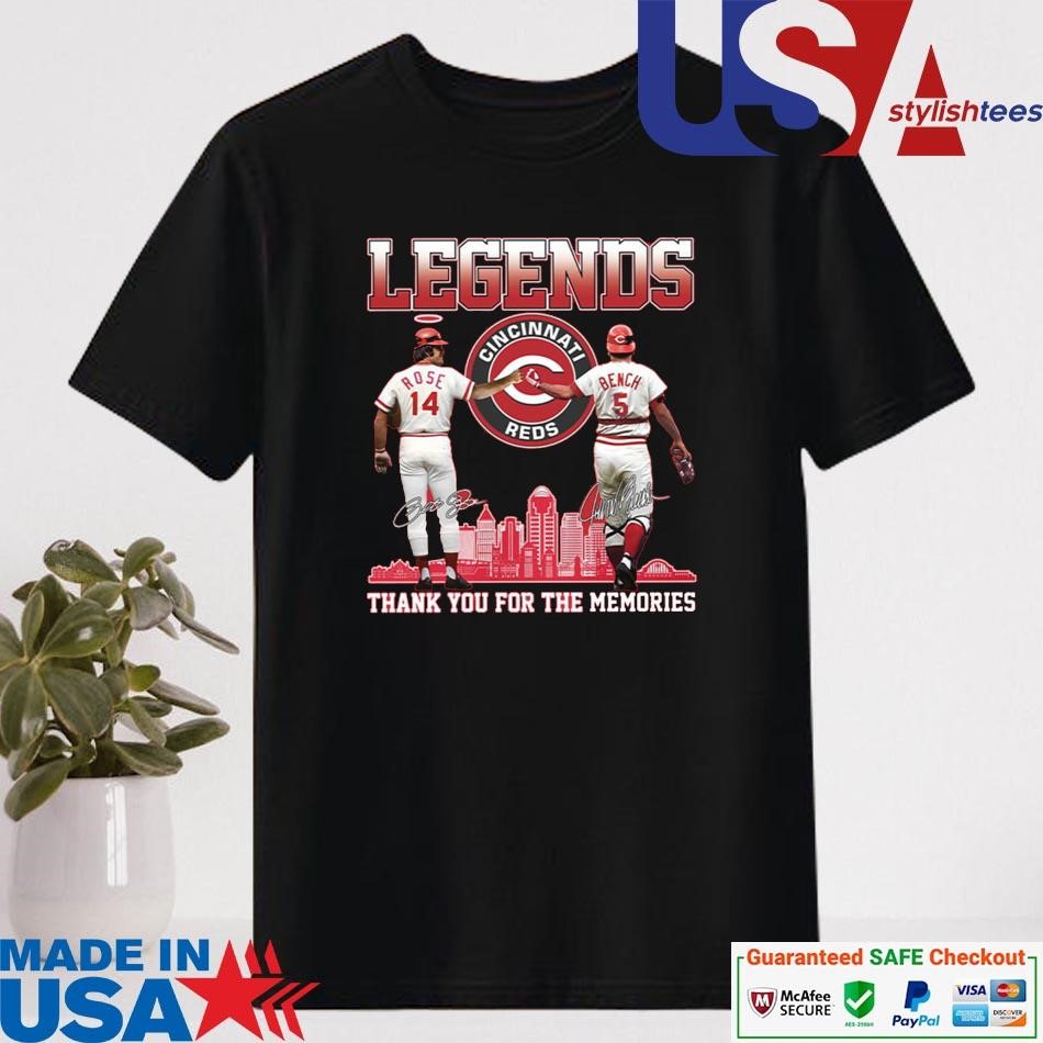 Official Cincinnati Reds Legends Rose And Bench Thank You For The Memories Skyline Signatures Shirt