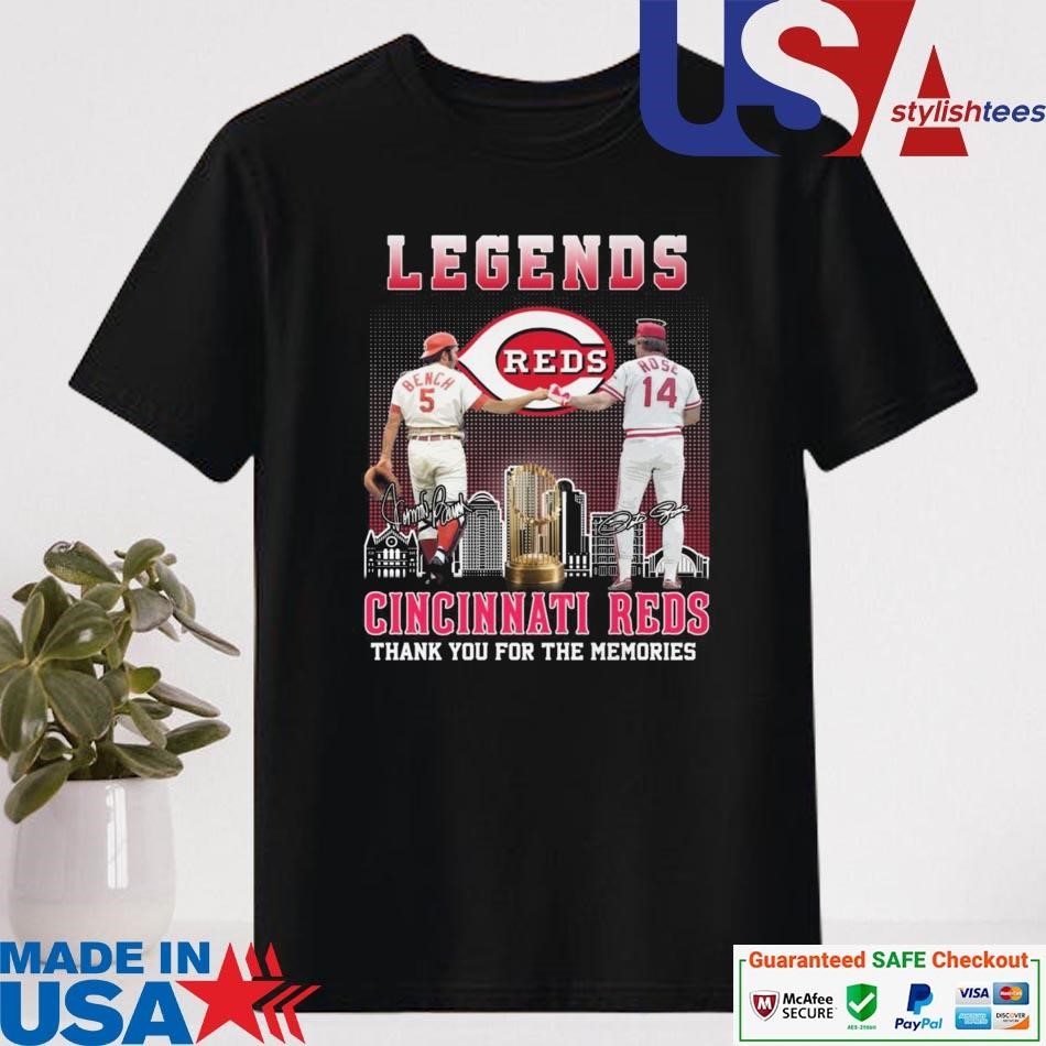 Official Cincinnati Reds The Legends Peter Rose Johnny Bench Thank You For The Memories Signatures T-shirt