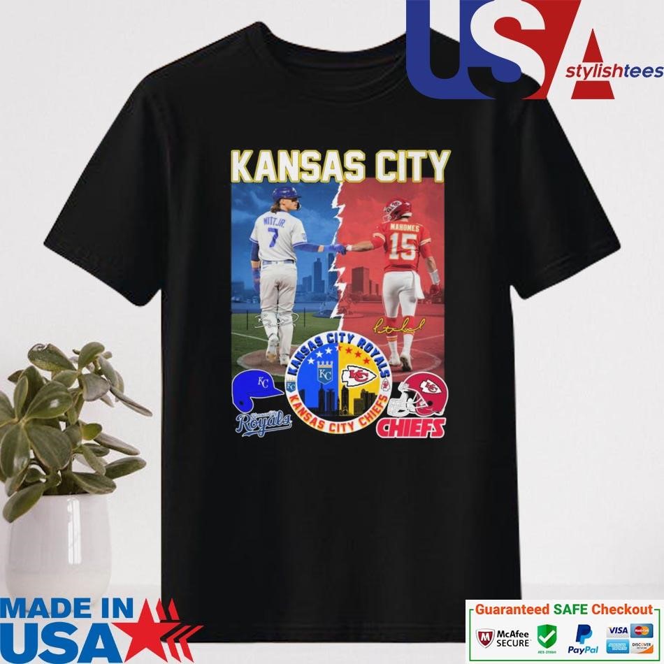 Official Kansas City Chiefs x Kansas City Royals Mahomes And Witt Jr Skyline Signatures Shirt