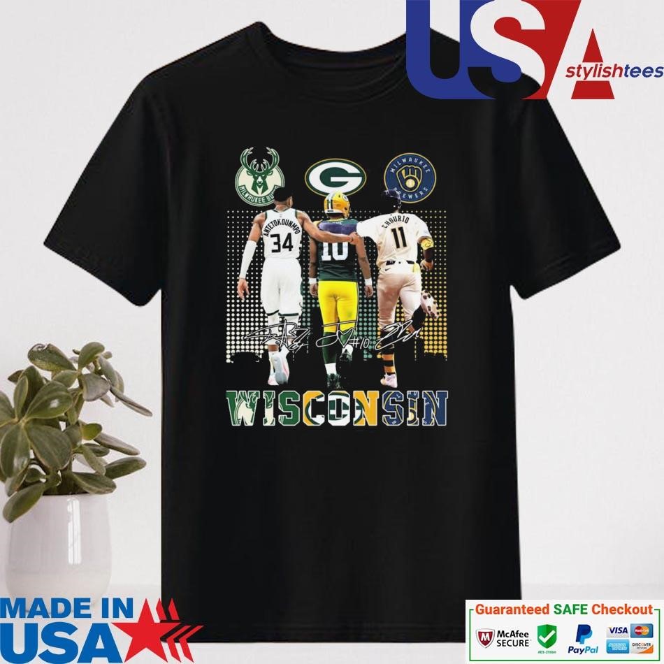 Official Milwaukee Bucks x Green Bay Packers x Milwaukee Brewers Skyline Signatures Shirt