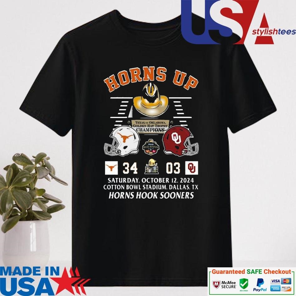 Official Texas Longhorns Horns Up 2024 Golden Hat Trophy Champions 34-03 Shirt