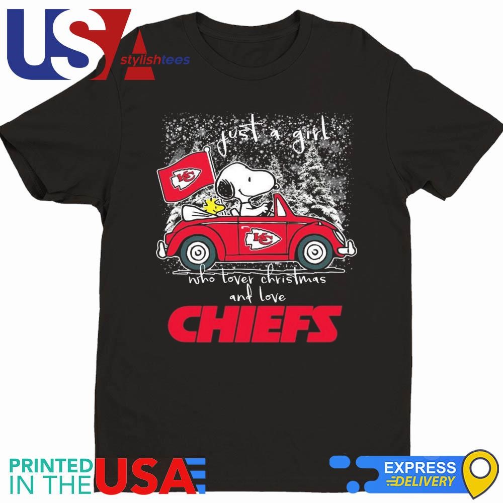 Snoopy And Woodstock Peanuts Just A Girl Who Lover Christmas And Love Kansas City Chiefs NFL 2024 Shirt