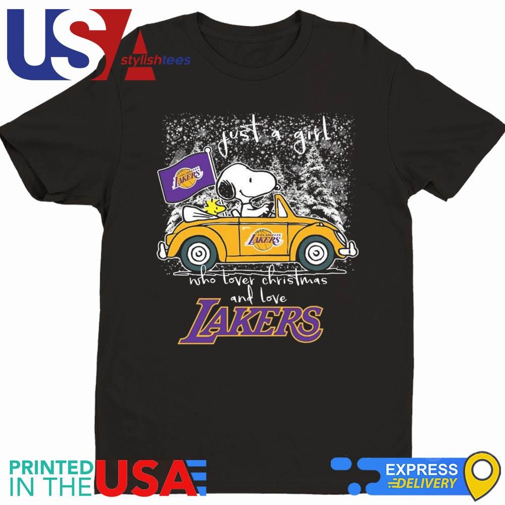 Snoopy And Woodstock Peanuts Just A Girl Who Lover Christmas And Love Los Angeles Lakers NBA 2024 Shirt