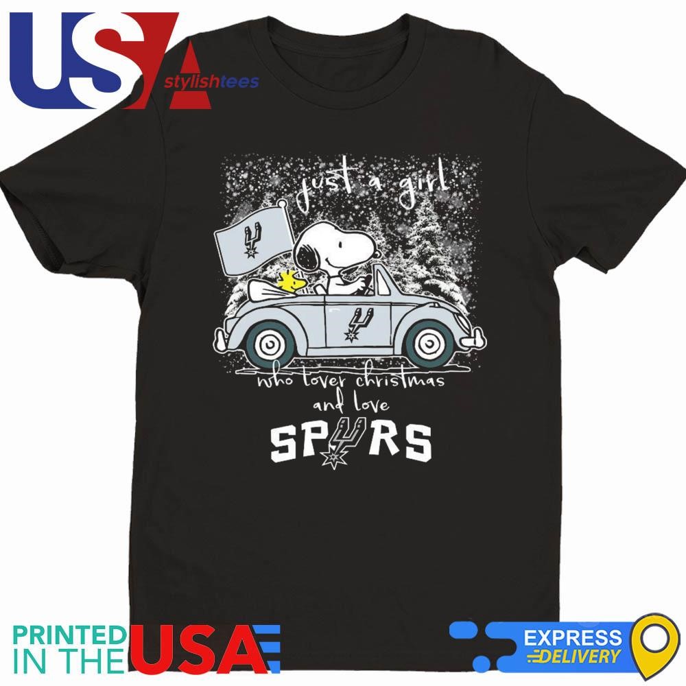 Snoopy And Woodstock Peanuts Just A Girl Who Lover Christmas And Love San Antonio Spurs NBA 2024 Shirt