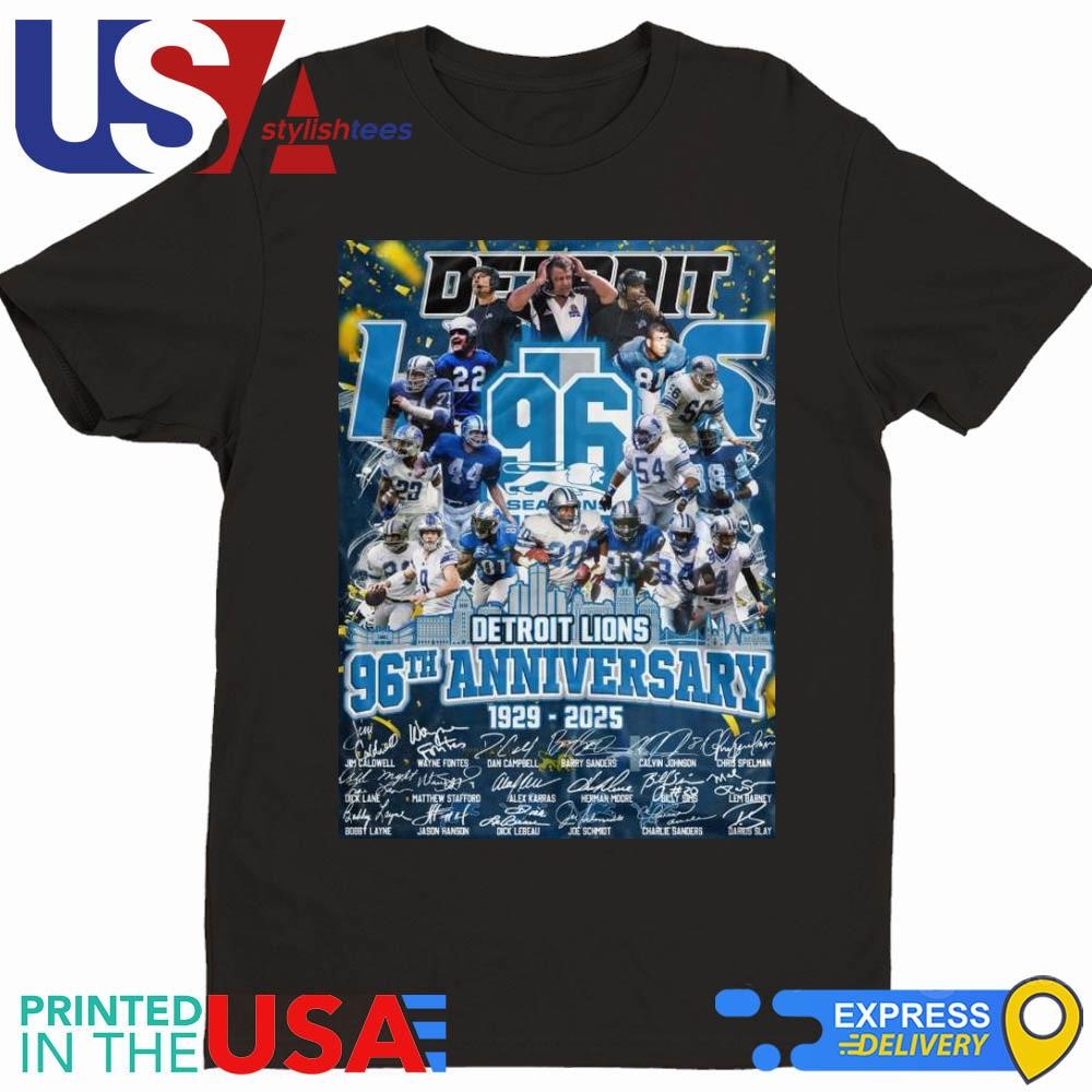 The Detroit Lions 96th Anniversary 1929-2025 Players Signatures T-shirt